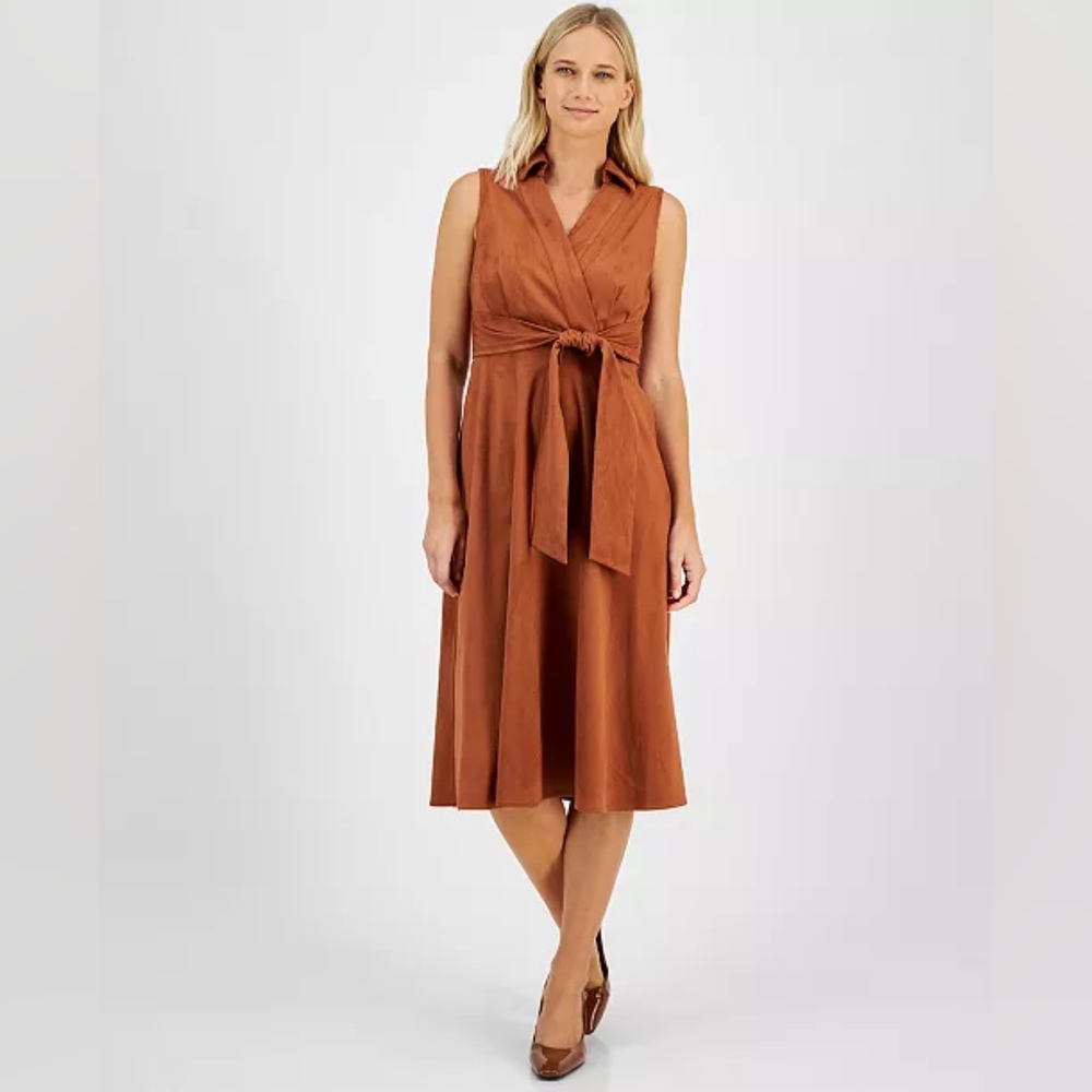 NWT - Tahari ASL Faux Suede Sleeveless Walnut Midi Dress - Size 12